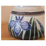 Lidded Canister (Signed) by Hamilton (2007) - Clay Pottery - titled  Warm Sun Shines on Water Mirroring Sky - Iris Unfurl Tender Petals Celebrating Morning 5 3/4" x 7"