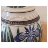 Lidded Canister (Signed) by Hamilton (2007) - Clay Pottery - titled  Warm Sun Shines on Water Mirroring Sky - Iris Unfurl Tender Petals Celebrating Morning 5 3/4" x 7"