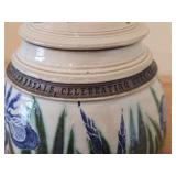 Lidded Canister (Signed) by Hamilton (2007) - Clay Pottery - titled  Warm Sun Shines on Water Mirroring Sky - Iris Unfurl Tender Petals Celebrating Morning 5 3/4" x 7"