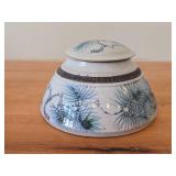 Lidded Jar (Signed) by Hamilton (2007) - Clay Pottery - titled  Pines Touched With Morning Sun Brush The Sky on the Lake A Loon Flirts Along Waterlilies 5" x 8"