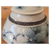 Lidded Jar (Signed) by Hamilton (2007) - Clay Pottery - titled  Pines Touched With Morning Sun Brush The Sky on the Lake A Loon Flirts Along Waterlilies 5" x 8"