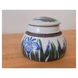 Lidded Jar (Signed) by Hamilton (2007) - Clay Pottery - titled  Blue Iris Ring A Pond Dappled With Rain & Frogs Serenade New Ducklings Bobbing In Line 5 1/2" x 7"