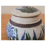 Lidded Jar (Signed) by Hamilton (2007) - Clay Pottery - titled  Blue Iris Ring A Pond Dappled With Rain & Frogs Serenade New Ducklings Bobbing In Line 5 1/2" x 7"