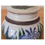 Lidded Jar (Signed) by Hamilton (2007) - Clay Pottery - titled  Blue Iris Ring A Pond Dappled With Rain & Frogs Serenade New Ducklings Bobbing In Line 5 1/2" x 7"