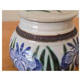 Lidded Jar (Signed) by Hamilton (2007) - Clay Pottery - titled  Blue Iris Ring A Pond Dappled With Rain & Frogs Serenade New Ducklings Bobbing In Line 5 1/2" x 7"