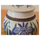 Lidded Jar (Signed) by Hamilton (2007) - Clay Pottery - titled  Blue Iris Ring A Pond Dappled With Rain & Frogs Serenade New Ducklings Bobbing In Line 5 1/2" x 7"