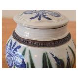 Lidded Jar (Signed) by Hamilton (2007) - Clay Pottery - titled  Blue Iris Ring A Pond Dappled With Rain & Frogs Serenade New Ducklings Bobbing In Line 5 1/2" x 7"