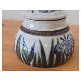 Lidded Jar (Signed) by Hamilton (2007) - Clay Pottery - titled  Blue Iris Ring A Pond Dappled With Rain & Frogs Serenade New Ducklings Bobbing In Line 5 1/2" x 7"