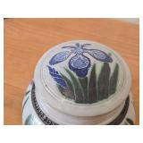 Lidded Jar (Signed) by Hamilton (2007) - Clay Pottery - titled  Blue Iris Ring A Pond Dappled With Rain & Frogs Serenade New Ducklings Bobbing In Line 5 1/2" x 7"