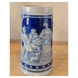 Vintage 6 1/2" Beer Stein (Germany) - Traditional German Life theme Salt Glazed Stoneware - titled  Halt MaB und Zeit (Keep Measure and Goal)
