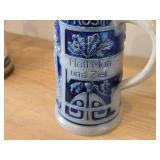 Vintage 6 1/2" Beer Stein (Germany) - Traditional German Life theme Salt Glazed Stoneware - titled  Halt MaB und Zeit (Keep Measure and Goal)
