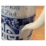 Vintage 6 1/2" Beer Stein (Germany) - Traditional German Life theme Salt Glazed Stoneware - titled  Halt MaB und Zeit (Keep Measure and Goal)