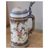 Vintage 1895 Mettlach Villeray & Boch Three Gnomes Dancing Playing Bagpipes Lidded Beer Stein #2184 .5-Liter x 8"