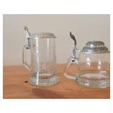 Lot of (2) Vintage Beer Steins (Germany) - Heavy Glass with Pewter Lid and Etched Fish Design 7", Clear Body with Pewter Lid 6"