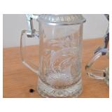 Lot of (2) Vintage Beer Steins (Germany) - Heavy Glass with Pewter Lid and Etched Fish Design 7", Clear Body with Pewter Lid 6"