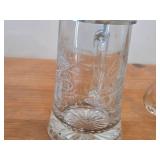Lot of (2) Vintage Beer Steins (Germany) - Heavy Glass with Pewter Lid and Etched Fish Design 7", Clear Body with Pewter Lid 6"