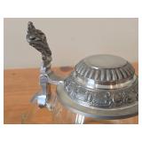 Lot of (2) Vintage Beer Steins (Germany) - Heavy Glass with Pewter Lid and Etched Fish Design 7", Clear Body with Pewter Lid 6"