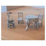 88-grams (total) Sterling Silver Miniature Collectibles - Coin-Top Patio Table, Rocking Chair and (2) Dining Side Chairs
