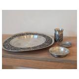 Lot of (4) Vintage Pewter Housewares (Norway) - Beaker, 11-1/2" Serving Platter, Collectible Dish (x2)