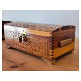 Vintage Farmhouse by the River theme Carved Wooden Trinket / Jewelry Box with Latch Closure + Lock + Key | Mirrored on Inside 11" x 6 1/4" x 4 1/2"