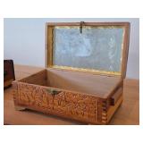 Vintage Farmhouse by the River theme Carved Wooden Trinket / Jewelry Box with Latch Closure + Lock + Key | Mirrored on Inside 11" x 6 1/4" x 4 1/2"