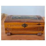 Vintage Pilgrim Village theme Carved Wooden Trinket / Jewelry Box with Latch Closure 11" x 6" x 4"