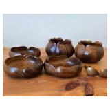 Lot of (7) Vintage Hand carved Monkey Pod Wood Housewares - Lotus Bowl (x2), Flower Bowl (x3), Spoons (x2)