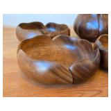 Lot of (7) Vintage Hand carved Monkey Pod Wood Housewares - Lotus Bowl (x2), Flower Bowl (x3), Spoons (x2)
