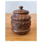 Vintage Hand carved Wood Lidded Jar (Signed) 3 1/2" x 2 3/4"