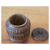 Vintage Hand carved Wood Lidded Jar (Signed) 3 1/2" x 2 3/4"