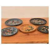 Lot of (5) Vintage Hand painted Wooden Plates / Norwegian Rosemaling Folk Art style / 6", 6-1/2", 7", 8-1/4", 8-1/2"