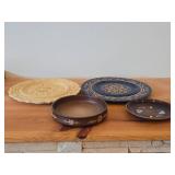 Hand painted Swiss Plate 6-1/2", Hand-carved Wood Plates (x2) 11-1/2" and 12", Wood Bowl with Carved Floral Design 6-1/2"x1-1/2"