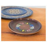 Hand painted Swiss Plate 6-1/2", Hand-carved Wood Plates (x2) 11-1/2" and 12", Wood Bowl with Carved Floral Design 6-1/2"x1-1/2"