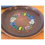 Hand painted Swiss Plate 6-1/2", Hand-carved Wood Plates (x2) 11-1/2" and 12", Wood Bowl with Carved Floral Design 6-1/2"x1-1/2"