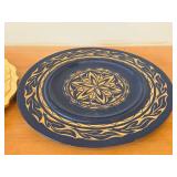 Hand painted Swiss Plate 6-1/2", Hand-carved Wood Plates (x2) 11-1/2" and 12", Wood Bowl with Carved Floral Design 6-1/2"x1-1/2"