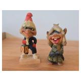 Lot of (2) Vintage Norwegian Troll theme Hand carved Wood Figurines by Henning (Norway) Woman 5", Man with Lantern 6-1/2"