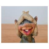 Lot of (2) Vintage Norwegian Troll theme Hand carved Wood Figurines by Henning (Norway) Woman 5", Man with Lantern 6-1/2"