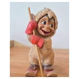 Vintage 7 1/2" Norwegian Troll Skiing theme Hand carved Wood Figurine by Henning (Norway)