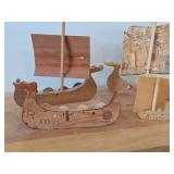 Lot of (5) Viking Ship theme Hand carved Wood Figurines