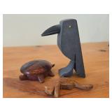Lot of (3) Vintage Items - Handcrafted Wooden Turtle theme Trinket Box, Hand carved Wooden Cat Bookshelf Décor Signed by Judy, Hand carved Hand painted Wooden Crow theme Letter Holder