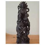 18" Chinese Hardwood Sculpture of Guanyin The Buddhist Bodhisattva of Compassion Seated on a Shishi Lion Dog / Dragon
