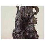 18" Chinese Hardwood Sculpture of Guanyin The Buddhist Bodhisattva of Compassion Seated on a Shishi Lion Dog / Dragon