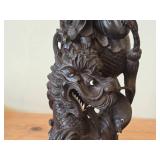 18" Chinese Hardwood Sculpture of Guanyin The Buddhist Bodhisattva of Compassion Seated on a Shishi Lion Dog / Dragon