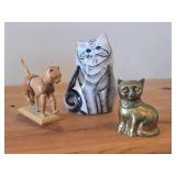 Lot of (3) Vintage Items - Articulated Wooden Cat Posable Figurine, Nina Lyman Hand painted Ceramic Cat Pocket Vase, Brass Sitting Cat Figurine