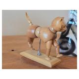 Lot of (3) Vintage Items - Articulated Wooden Cat Posable Figurine, Nina Lyman Hand painted Ceramic Cat Pocket Vase, Brass Sitting Cat Figurine