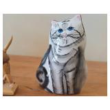 Lot of (3) Vintage Items - Articulated Wooden Cat Posable Figurine, Nina Lyman Hand painted Ceramic Cat Pocket Vase, Brass Sitting Cat Figurine