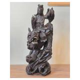 16 1/4" Chinese Hardwood Sculpture of Guanyin The Buddhist Bodhisattva of Compassion Seated on a Shishi Lion Dog / Dragon