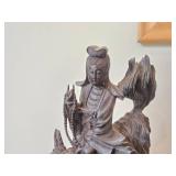 16 1/4" Chinese Hardwood Sculpture of Guanyin The Buddhist Bodhisattva of Compassion Seated on a Shishi Lion Dog / Dragon