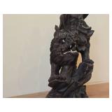 16 1/4" Chinese Hardwood Sculpture of Guanyin The Buddhist Bodhisattva of Compassion Seated on a Shishi Lion Dog / Dragon