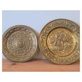 Lot of (2) Vintage Decorative Plates - Brass Embossed Wall Plate Featuring Musicians, Asian Style Brass Plate with Animal Motif